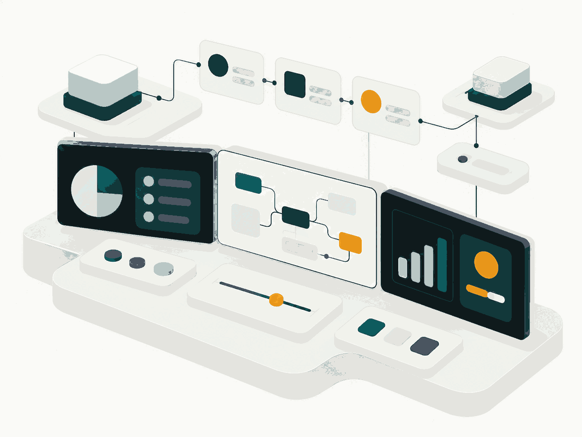 Illustration of a control desk with connected process panels
