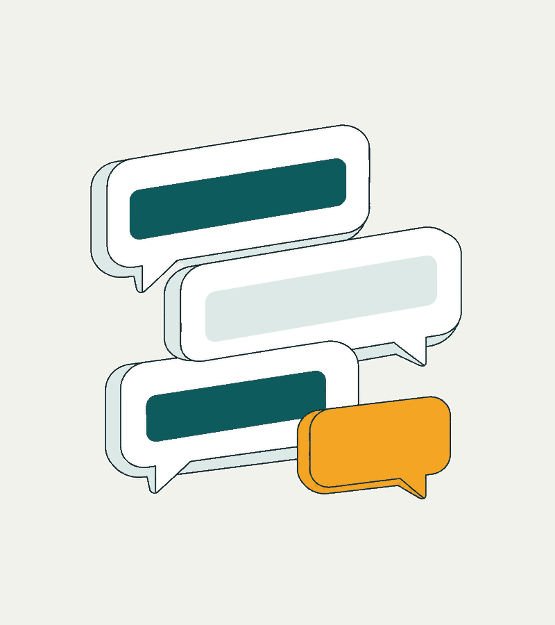 Ilustração de balões de conversa empilhados, o último destacado em âmbar