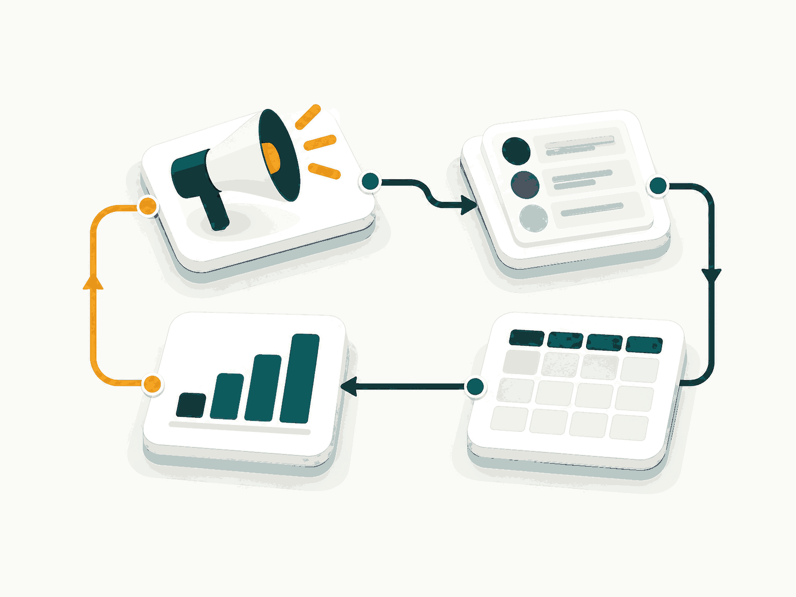 Illustration of a connected system: ads, CRM, spreadsheet and reporting linked in a circuit, with the return line in amber
