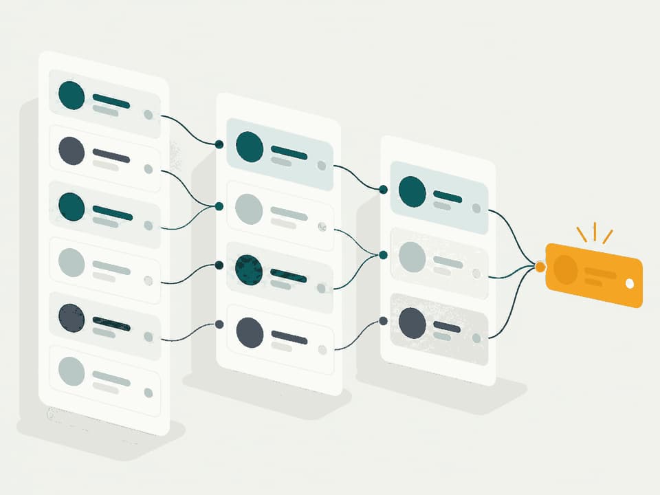 Ilustração de um pipeline de CRM com contatos avançando até um lead qualificado